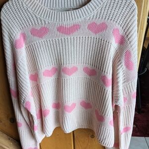 Jessica Simpson Cream and Pink Loose knit Heart Sweater Sz (L) NWT